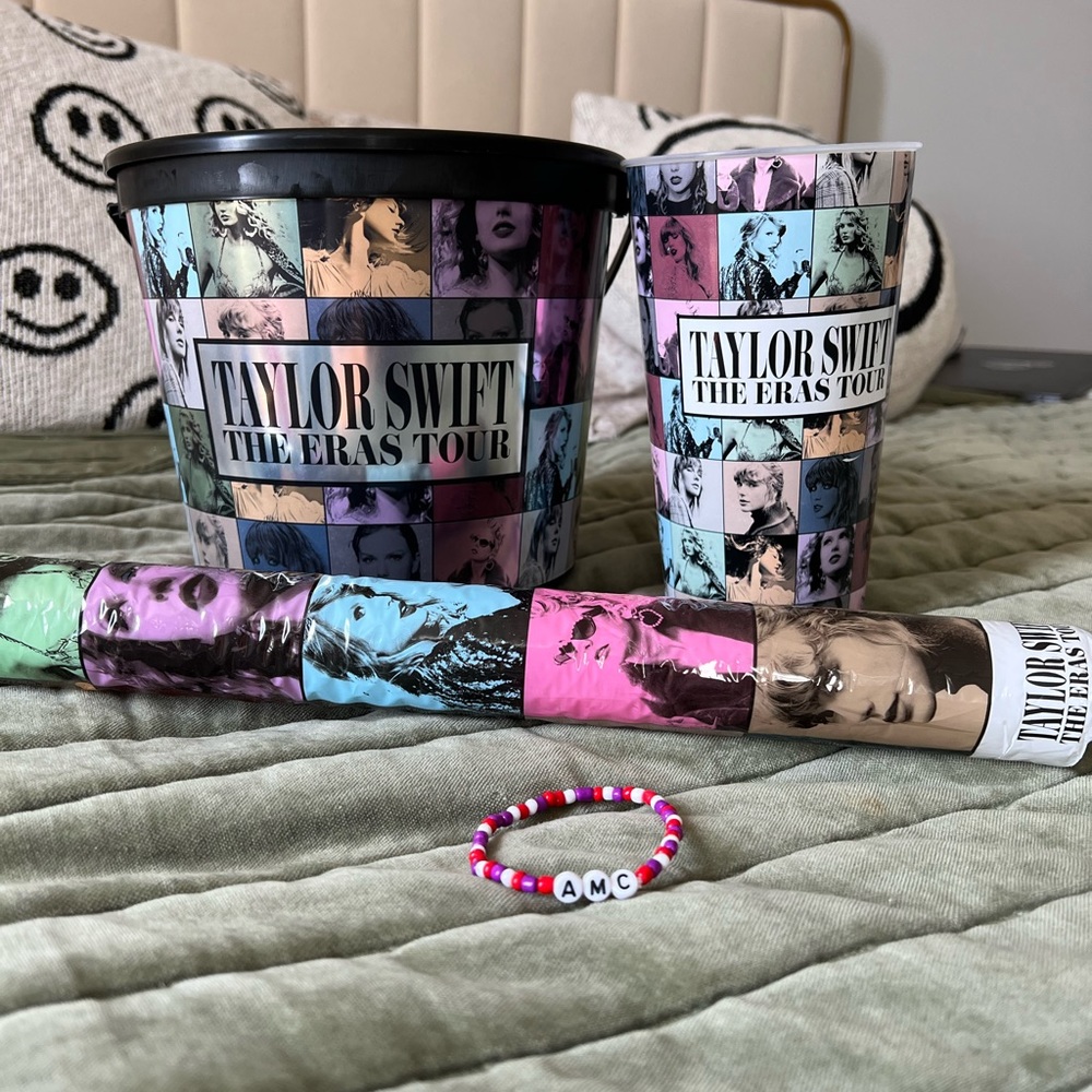 AMC Taylor Swift Eras Tour popcorn bucket, cup, light up baton, and bracelet